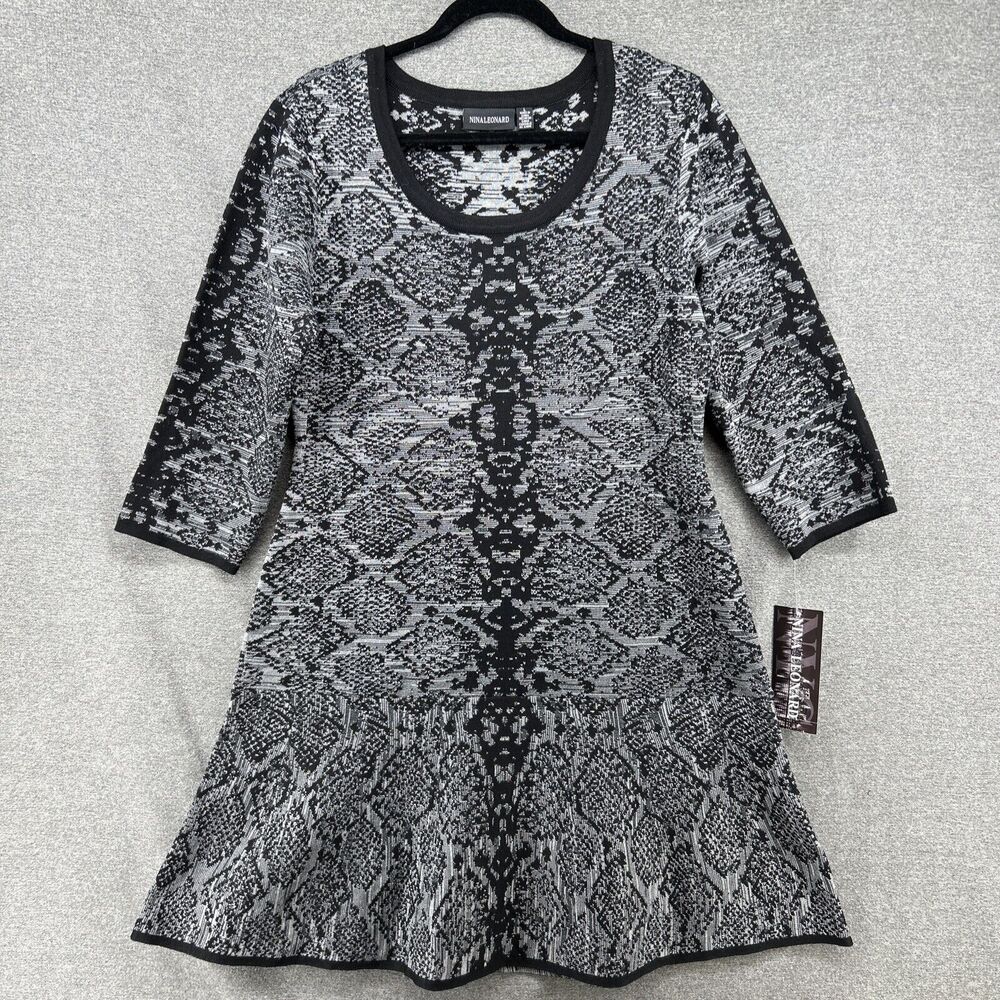 NWT Nina Leonard Womens Large Sweater Dress Snake Print 3/4 Sleeve Knit Black
